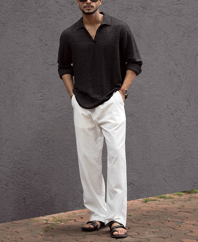 Black Kurta Style Regular Fit Full Sleeves Shirt